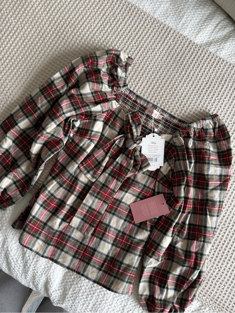 Ivy City Co Plaid Peasant Blouse in Cream, Red, Green